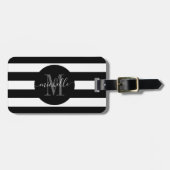 Zwart Wit Streep Monogram Girly Script Cirkel Bagagelabel (Voorkant horizontaal)