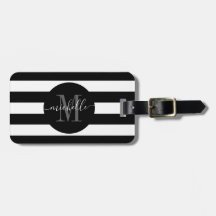 Zwart Wit Streep Monogram Girly Script Cirkel