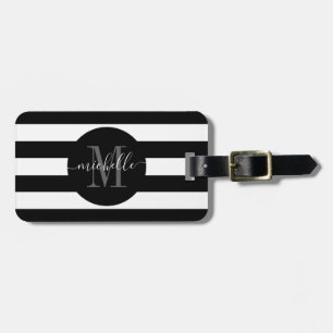 Zwart Wit Streep Monogram Girly Script Cirkel Bagagelabel