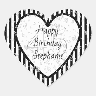 Zwart-wit streep patroon Gelukkige Verjaardag Hart Sticker