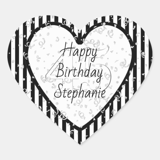 Zwart-wit streep patroon Gelukkige Verjaardag Hart Sticker (Voorkant)