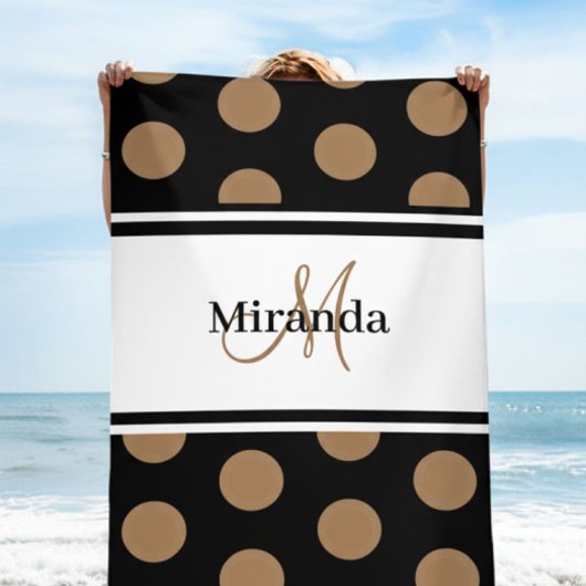 Zwart Wit Streep Script Monogram Bruin Polka Dot Strandlaken