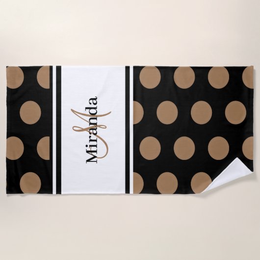 Zwart Wit Streep Script Monogram Bruin Polka Dot Strandlaken (Voorkant)