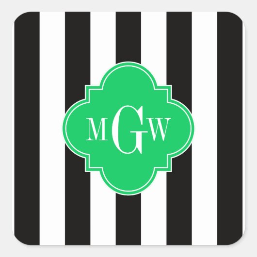 Zwart Wit Streep Smaragd Vierkant 3 Monogram Vierkante Sticker (Voorkant)