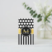 Zwart Wit Streep Stip Goud Monogram Visitekaartje (Staand voorkant)
