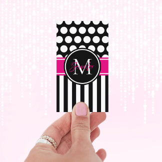 Zwart Wit Streep Stip Roze Monogram Visitekaartje