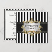 Zwart Wit Streep Sweet 16 Party Invit Kaart (Voorkant / Achterkant)