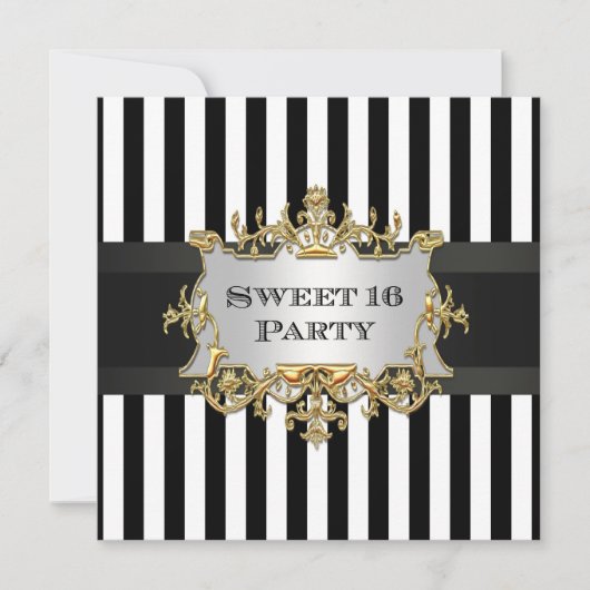 Zwart Wit Streep Sweet 16 Party Invit Kaart (Voorkant)