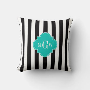 Zwart Wit Streep Teal Vierblad 3 Monogram Kussen