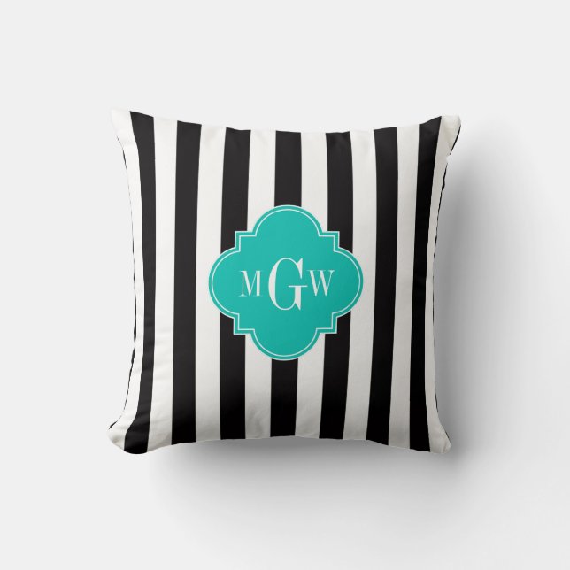 Zwart Wit Streep Teal Vierblad 3 Monogram Kussen (Voorkant)