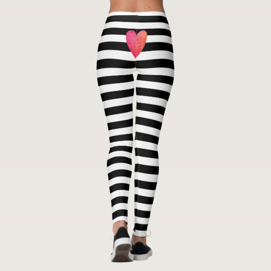 Zwart Wit Streep Trendy Roze Hart Valentijn Leggings (Achterkant)