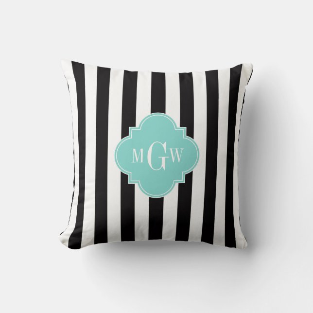Zwart Wit Streep Turquoise Vierblad 3 Monogram Kussen (Voorkant)