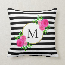 Zwart Wit Streep Waterverf Roze Bloemen Monogram