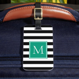 Zwart & Wit Streepmotief met Smaragdgroen Monogram Bagagelabel
