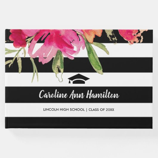 Zwart & Wit Strepen Bloemen Afstuderen Gastenboek (Voorkant)