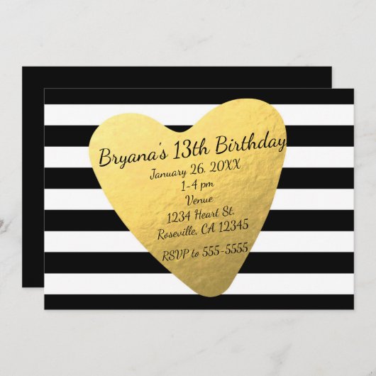 Zwart & Wit Strepen Chique Heart Party Uitnodiging (Voorkant / Achterkant)