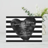 Zwart & Wit Strepen Chique Heart Party Uitnodiging (Staand voorkant)