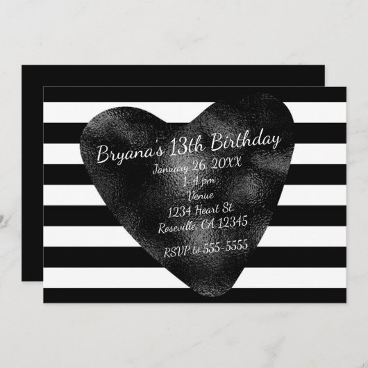 Zwart & Wit Strepen Chique Heart Party Uitnodiging (Voorkant / Achterkant)