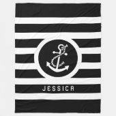 Zwart-wit strepen en nautisch anker fleece deken (Voorkant)