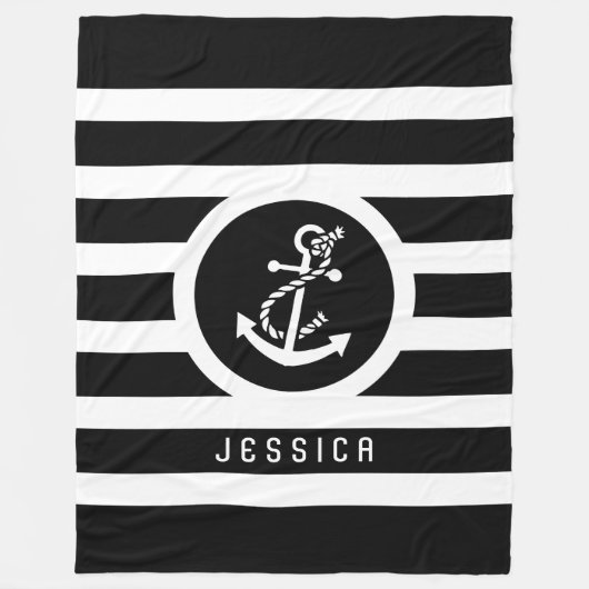 Zwart-wit strepen en nautisch anker fleece deken (Voorkant)