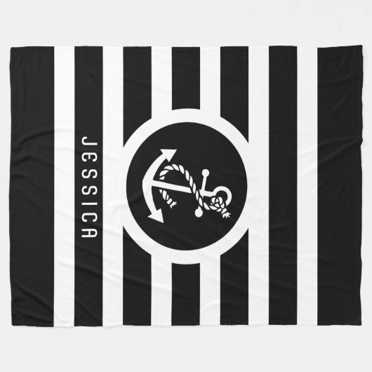 Zwart-wit strepen en nautisch anker fleece deken (Voorkant (Horizontaal))