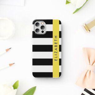 Zwart-wit Strepen, Gestreepte, Lijnen, Je Naam iPhone 16 Hoesje