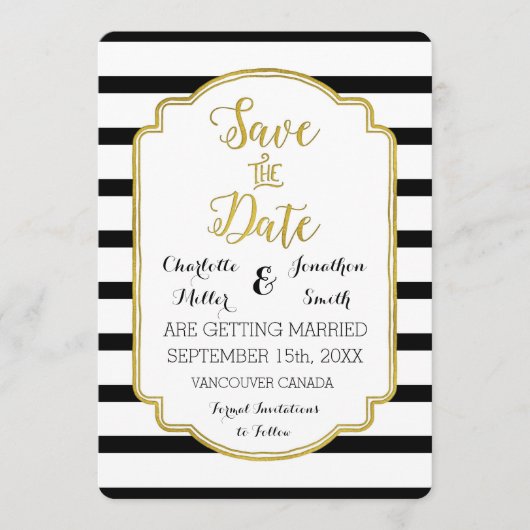 Zwart Wit Strepen Goud Bruiloft Save the Date (Voorkant)