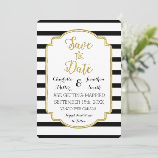 Zwart Wit Strepen Goud Bruiloft Save the Date (Staand voorkant)