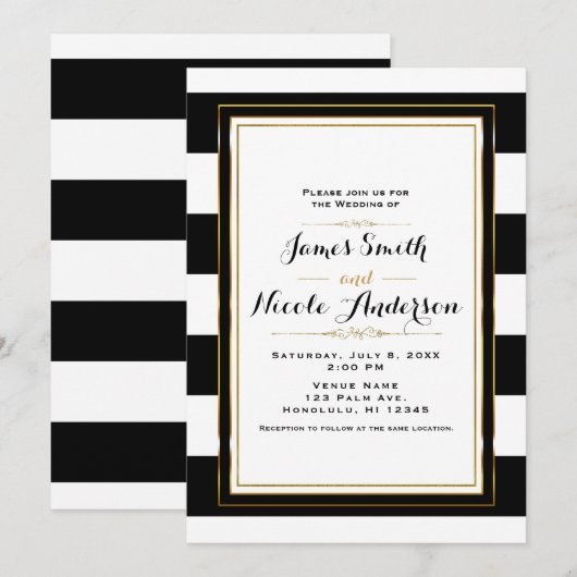 Zwart & Wit Strepen Goud Chic Elegant Trouwen Kaart (Voorkant / Achterkant)