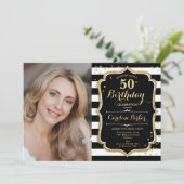 Zwart wit strepen goud foto 50e verjaardag kaart (Staand voorkant)