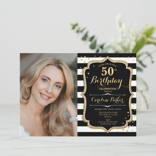 Zwart wit strepen goud foto 50e verjaardag kaart (Staand voorkant)