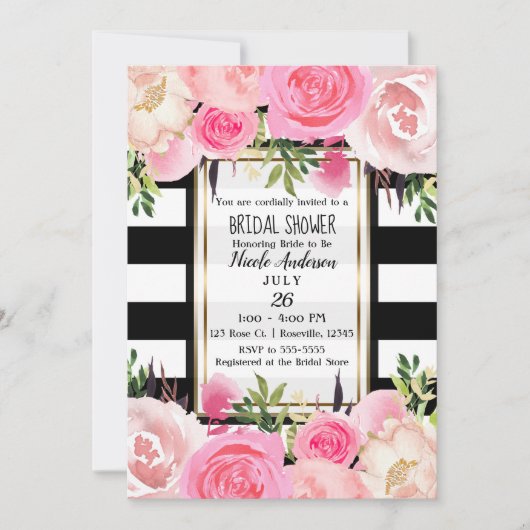 Zwart Wit Strepen Goud Roze Bloemen Vrijgezellenfe Kaart (Voorkant)