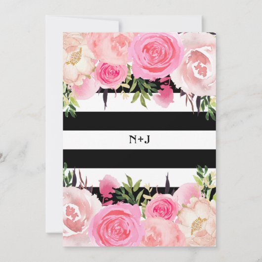 Zwart Wit Strepen Goud Roze Bloemen Vrijgezellenfe Kaart (Achterkant)