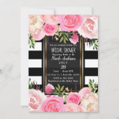 Zwart Wit Strepen Goud Roze Bloemen Vrijgezellenfe Kaart (Voorkant)