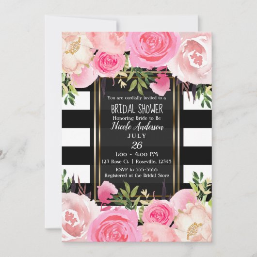 Zwart Wit Strepen Goud Roze Bloemen Vrijgezellenfe Kaart (Voorkant)