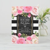 Zwart Wit Strepen Goud Roze Bloemen Vrijgezellenfe Kaart (Staand voorkant)