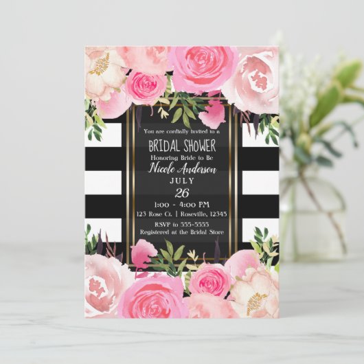 Zwart Wit Strepen Goud Roze Bloemen Vrijgezellenfe Kaart (Staand voorkant)