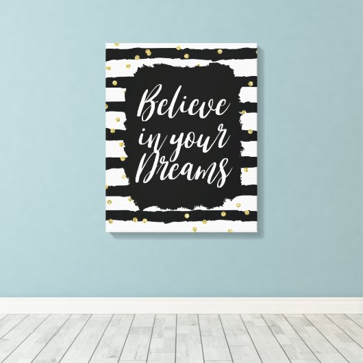 Zwart Wit Strepen Goud Sparkly Confetti Dromen Canvas Afdruk (Insitu (Houten vloer))