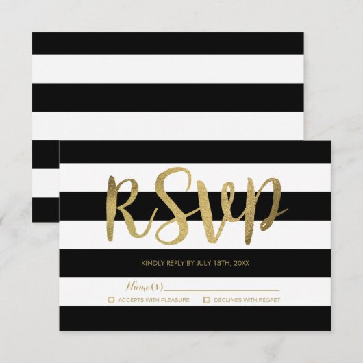 Zwart & Wit Strepen Gouden Folie Bruiloft RSVP (Voorkant / Achterkant)