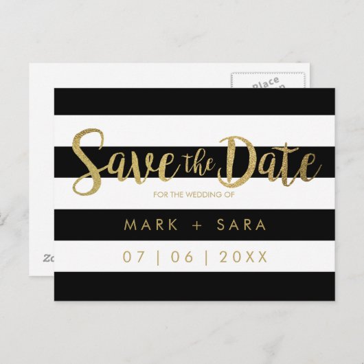 Zwart & Wit Strepen Gouden Folie Save the Date Aankondigingskaart (Voorkant / Achterkant)