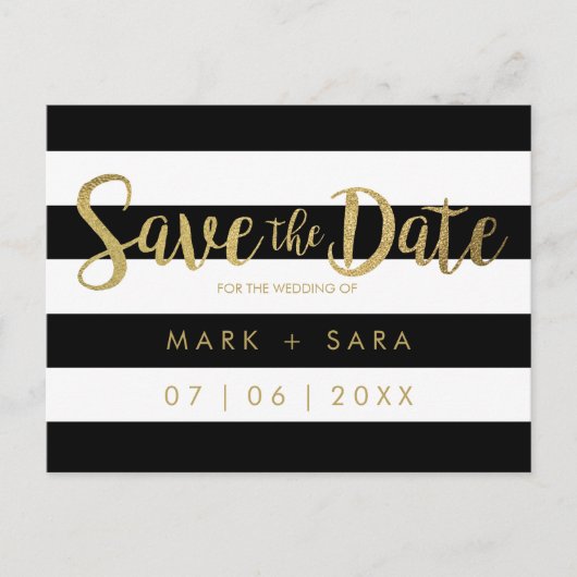 Zwart & Wit Strepen Gouden Folie Save the Date Aankondigingskaart (Voorkant)