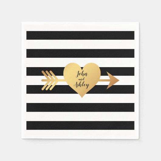 Zwart & Wit Strepen Gouden Hart Bruiloft Servetten (Voorkant)