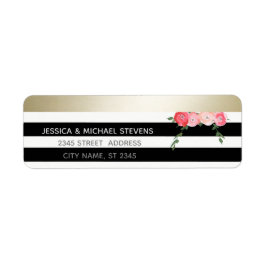 Zwart-wit strepen gouden waterverf romantisch roos etiket