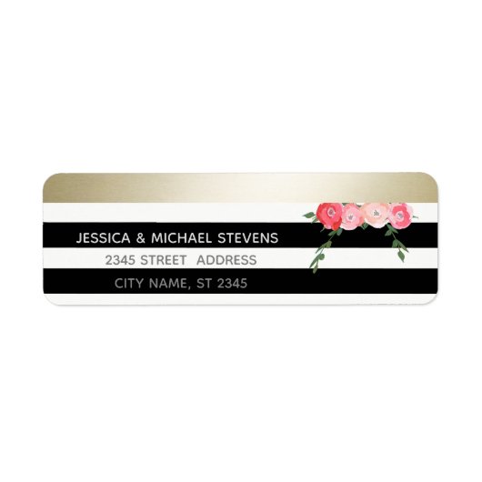 Zwart-wit strepen gouden waterverf romantisch roos etiket (Voorkant)