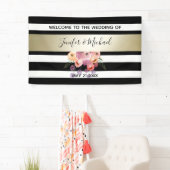 Zwart-wit strepen gouden waterverf romantisch roos spandoek (Insitu)