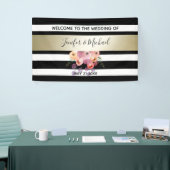 Zwart-wit strepen gouden waterverf romantisch roos spandoek (Beurs)