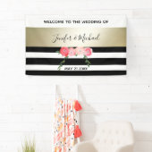 Zwart-wit strepen gouden waterverf romantisch roos spandoek (Insitu)