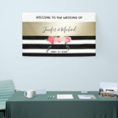 Zwart-wit strepen gouden waterverf romantisch roos spandoek (Beurs)