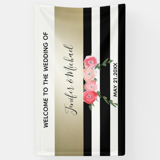 Zwart-wit strepen gouden waterverf romantisch roos spandoek (Verticaal)