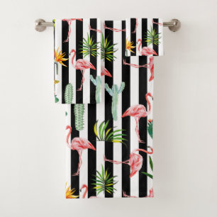  Zwart Wit Strepen met Flamingo Cactus Bad Handdoek